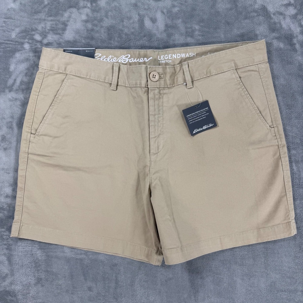 New Eddie Bauer Slightly Curvy Stretch Chino Shorts Women's 14 Tan Legend Wash
